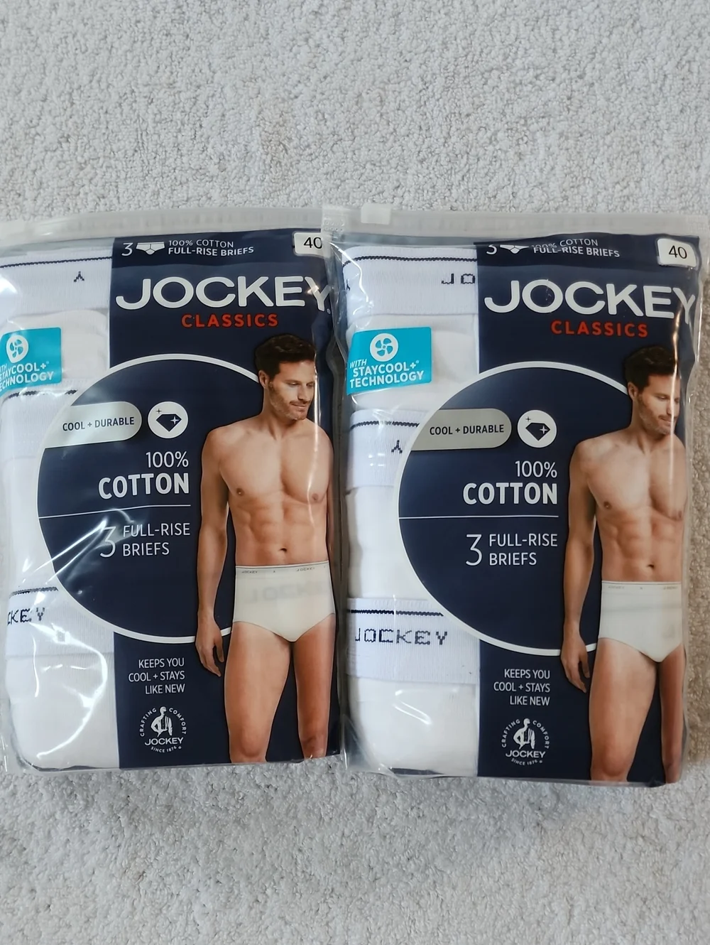 Jockey Classics Men’s White 100% Cotton Full-Rise Briefs - 3 Pack Lot Of 2 New